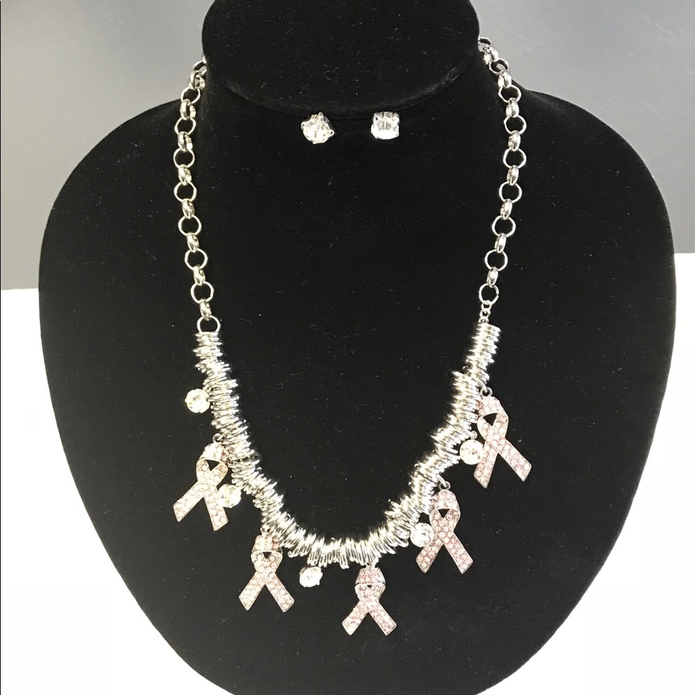 Pink Ribbon Charm Necklace Set